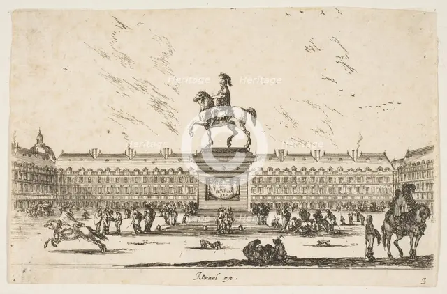 Plate 3: La Place Royale, equestrian statue of Louis XIII in profile facing the left in ce..., 1642. Creator: Stefano della Bella.