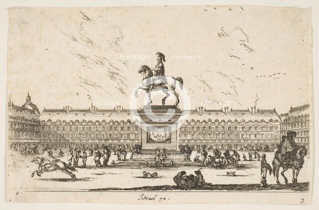 Plate 3: La Place Royale, equestrian statue of Louis XIII in profile facing the left in ce..., 1642. Creator: Stefano della Bella.
