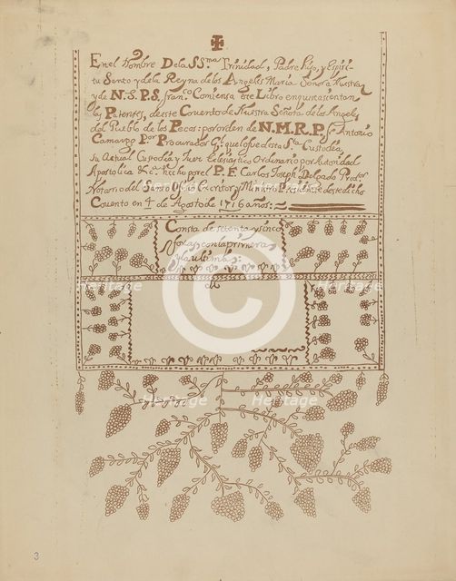Plate 3: Pecos Book of Visitations: From Portfolio "Spanish Colonial Designs of New Mexico", 1935/19 Creator: Unknown.