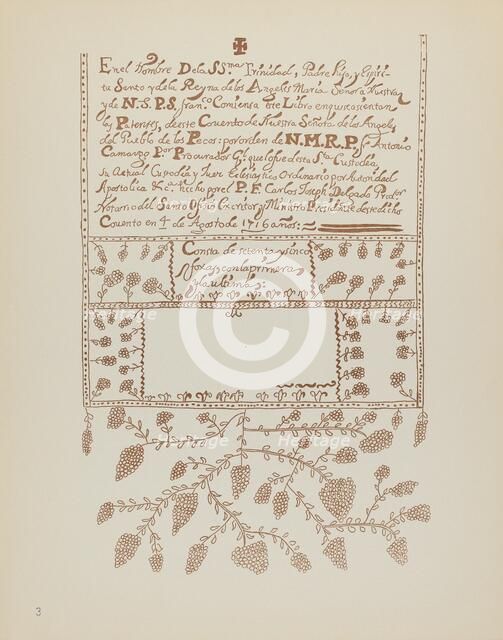 Plate 3: Pecos Book of Visitations: From Portfolio "Spanish Colonial Designs of New Mexico", 1935/19 Creator: Unknown.