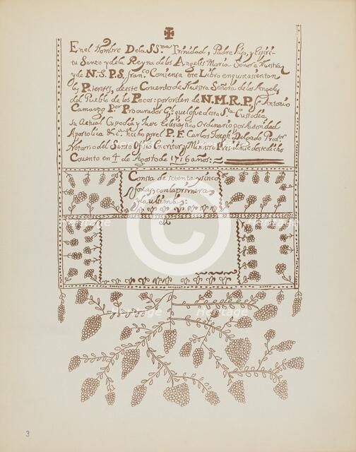 Plate 3: Pecos Book of Visitations: From Portfolio "Spanish Colonial Designs of New Mexico", 1935/19 Creator: Unknown.