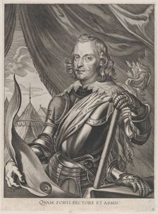 Plate 3: Portrait of Ferdinand Cardinal Infante of Spain, in military armor; from Guilliel..., 1636. Creators: Jacobus van Schoor, Johannes Meursius, Willem van der Beke