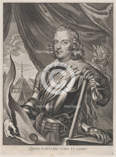 Plate 3: Portrait of Ferdinand Cardinal Infante of Spain, in military armor; from Guilliel..., 1636. Creators: Jacobus van Schoor, Johannes Meursius, Willem van der Beke.