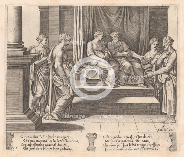 Plate 3: Psyche's two sisters are married to kings, with Psyche standing at left, accom..., 1530-60. Creator: Master of the Die.