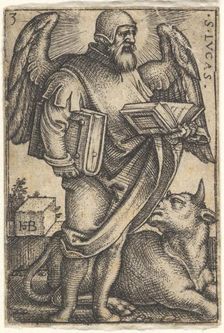 Plate 3: Saint Luke with his head turned in profile to the right, a book in each hand, a b..., 1541. Creator: Sebald Beham