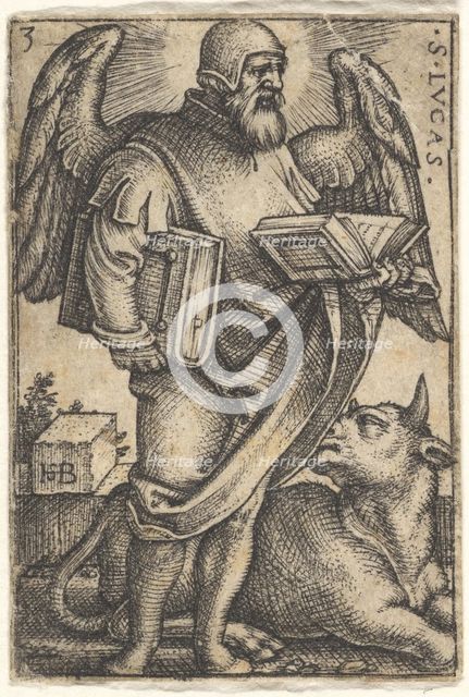 Plate 3: Saint Luke with his head turned in profile to the right, a book in each hand, a b..., 1541. Creator: Sebald Beham.