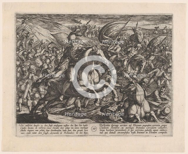 Plate 30: Cerialis Driving the Dutch into the Rhine, from The War of the Romans Against th..., 1611. Creator: Antonio Tempesta.