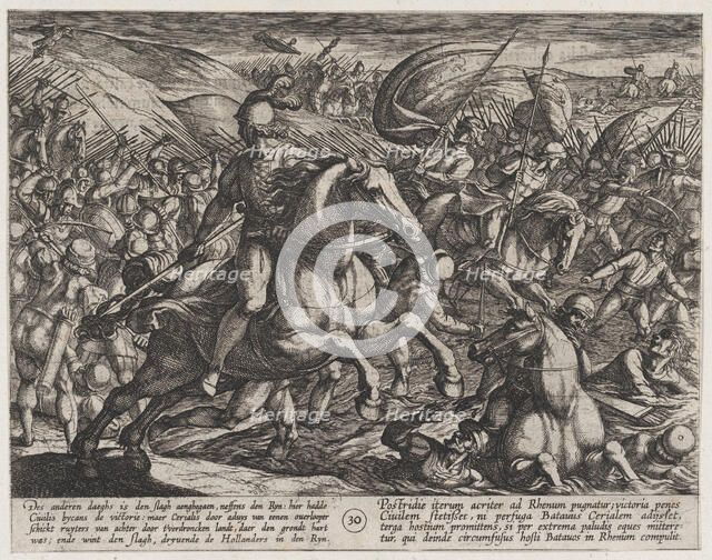 Plate 30: Cerialis Driving the Dutch into the Rhine, from The War of the Romans Against th..., 1611. Creator: Antonio Tempesta.