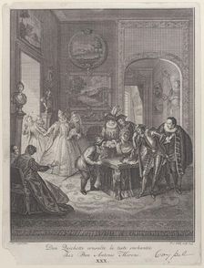 Plate 30: Don Quixote consults the enchanted head at Don Antonio Moreno's house (Don Quich..., 1745. Creator: Jakob van Schley