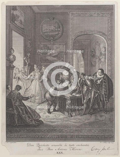 Plate 30: Don Quixote consults the enchanted head at Don Antonio Moreno's house (Don Quich..., 1745. Creator: Jakob van Schley.