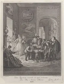Plate 30: Don Quixote consults the enchanted head at Don Antonio Moreno's house (Don Quich..., 1745. Creator: Jakob van Schley