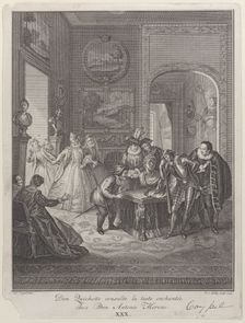 Plate 30: Don Quixote consults the enchanted head at Don Antonio Moreno's house (Don Quich..., 1745. Creator: Jakob van Schley