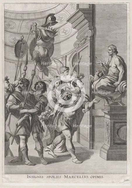 Plate 30: Marcellus dedicating the spoils of war to Jupiter; from Guillielmus Becanus's 'S..., 1636. Creators: Johannes Meursius, Willem van der Beke.