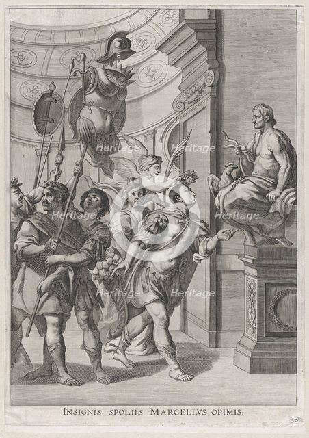 Plate 30: Marcellus dedicating the spoils of war to Jupiter; from Guillielmus Becanus's 'S..., 1636. Creators: Johannes Meursius, Willem van der Beke.