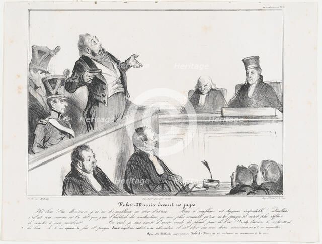 Plate 30: Robert Macaire devant ses juges, 1838. Creator: Honore Daumier.