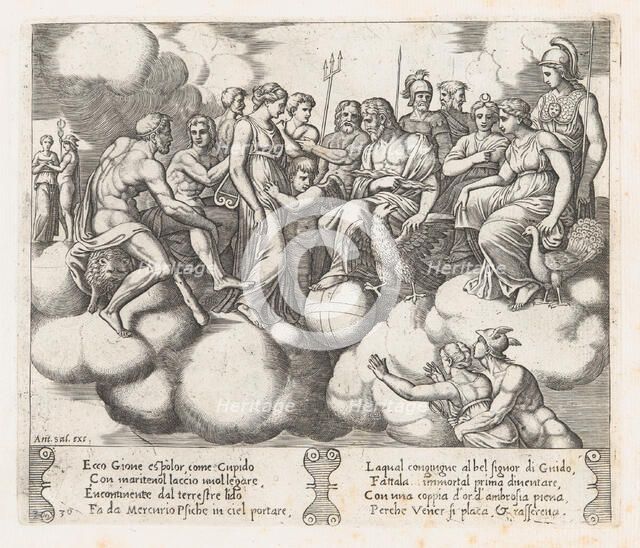 Plate 30: Venus and Cupid pleading their case before Jupiter and other Gods with Mercur..., 1530-60. Creator: Master of the Die.