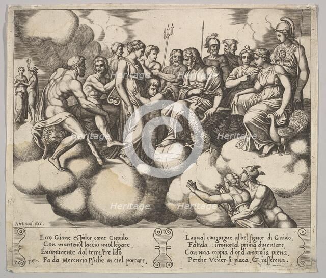 Plate 30: Venus and Cupid pleading their case in the presence of Jupiter and other Gods..., 1530-60. Creator: Master of the Die.