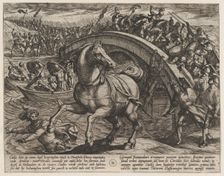 Plate 31: Civilis Forced to Dismount and Swim Across the River, from The War of the Romans..., 1611. Creator: Antonio Tempesta