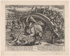 Plate 31: Civilis Forced to Dismount and Swim Across the River, from The War of the Romans..., 1611. Creator: Antonio Tempesta