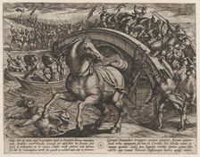 Plate 31: Civilis Forced to Dismount and Swim Across the River, from The War of the Romans..., 1611. Creator: Antonio Tempesta