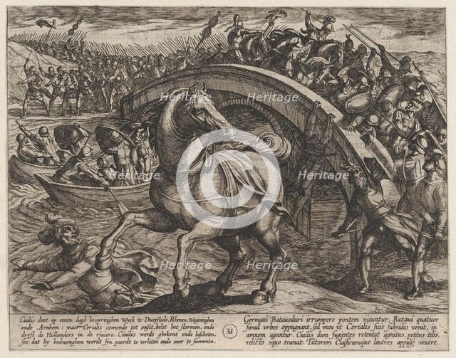 Plate 31: Civilis Forced to Dismount and Swim Across the River, from The War of the Romans..., 1611. Creator: Antonio Tempesta.
