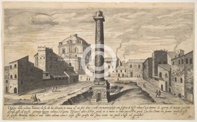 Plate 31: view of the column of Trajan, shown with its pedestal dug out from the earth, su..., 1606. Creator: Aegidius Sadeler II.