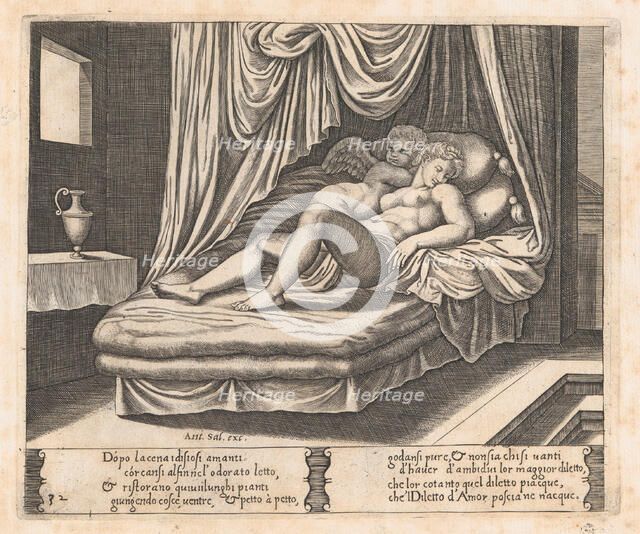 Plate 32: Cupid and Psyche in the nuptial bed, from the Story of Cupid and Psyche as to..., 1530-60. Creator: Master of the Die.