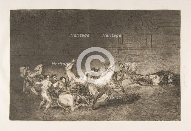 Plate 32 from the 'Tauromaquia':Two teams of picadors thrown one after the other by a sing..., 1816. Creator: Francisco Goya.