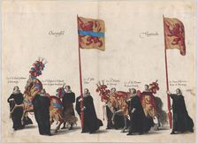 Plate 32: Men with heraldic flags and horses from Overijssel and Utrecht marching in the f..., 1623. Creator: Cornelis Galle I