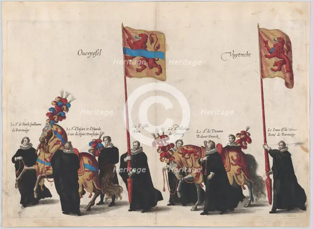 Plate 32: Men with heraldic flags and horses from Overijssel and Utrecht marching in the f..., 1623. Creator: Cornelis Galle I.