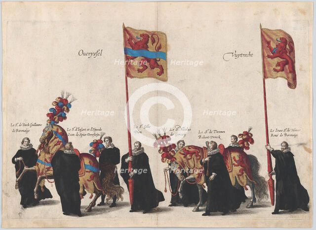 Plate 32: Men with heraldic flags and horses from Overijssel and Utrecht marching in the f..., 1623. Creator: Cornelis Galle I.