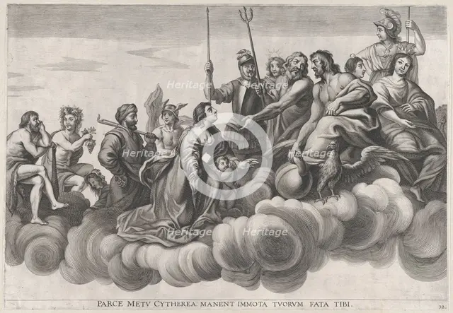 Plate 32: Venus asking Jupiter for protection; from Guillielmus Becanus's 'Serenissimi Pri..., 1636. Creators: Johannes Meursius, Willem van der Beke.