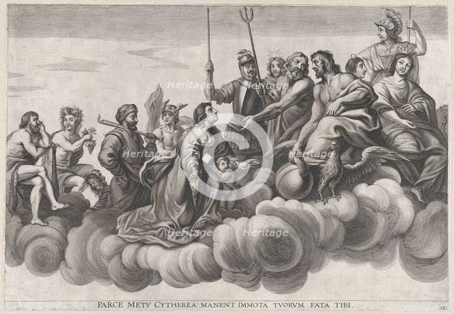 Plate 32: Venus asking Jupiter for protection; from Guillielmus Becanus's 'Serenissimi Pri..., 1636. Creators: Johannes Meursius, Willem van der Beke.