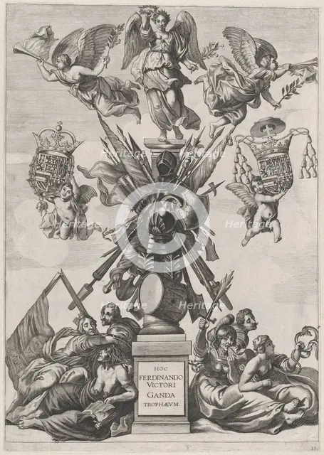 Plate 33: Armorial trophy on a Tuscan column, surrounded by allegorical figures and cherub..., 1636. Creators: Johannes Meursius, Willem van der Beke.