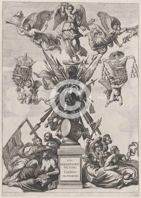 Plate 33: Armorial trophy on a Tuscan column, surrounded by allegorical figures and cherub..., 1636. Creators: Johannes Meursius, Willem van der Beke.