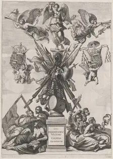 Plate 33: Armorial trophy on a Tuscan column, surrounded by allegorical figures and cherub..., 1636. Creators: Johannes Meursius, Willem van der Beke