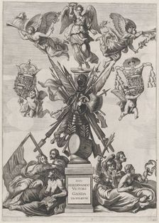 Plate 33: Armorial trophy on a Tuscan column, surrounded by allegorical figures and cherub..., 1636. Creators: Johannes Meursius, Willem van der Beke