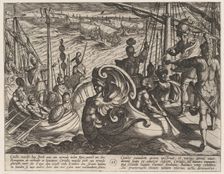 Plate 33: Dutch and Roman Flotillas on the Rhine, from The War of the Romans Against the B..., 1611. Creator: Antonio Tempesta