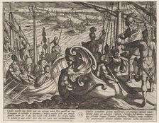 Plate 33: Dutch and Roman Flotillas on the Rhine, from The War of the Romans Against the B..., 1611. Creator: Antonio Tempesta