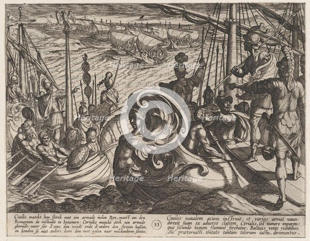 Plate 33: Dutch and Roman Flotillas on the Rhine, from The War of the Romans Against the B..., 1611. Creator: Antonio Tempesta.