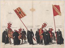 Plate 33: Men with heraldic flags and horses from Mechelen and Salins marching in the fune..., 1623. Creator: Cornelis Galle I