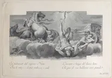 Plate 34: Auriga, the charioteer, falls from the chariot at center, with three horses at l..., 1756. Creators: Bartolomeo Crivellari, Sebastiano Gamma