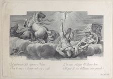 Plate 34: Auriga, the charioteer, falls from the chariot at center, with three horses at l..., 1756. Creators: Bartolomeo Crivellari, Sebastiano Gamma