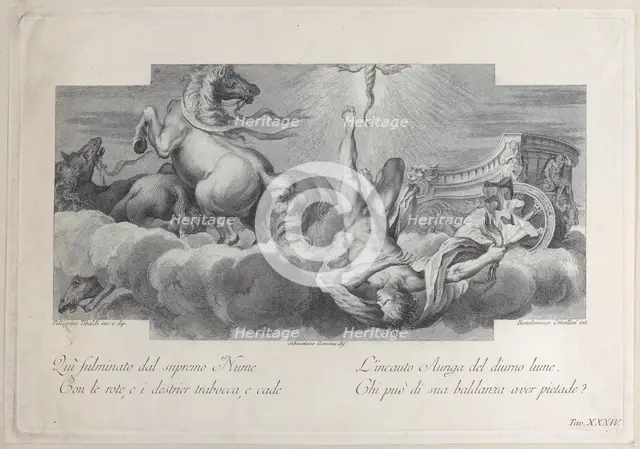 Plate 34: Auriga, the charioteer, falls from the chariot at center, with three horses at l..., 1756. Creators: Bartolomeo Crivellari, Sebastiano Gamma.