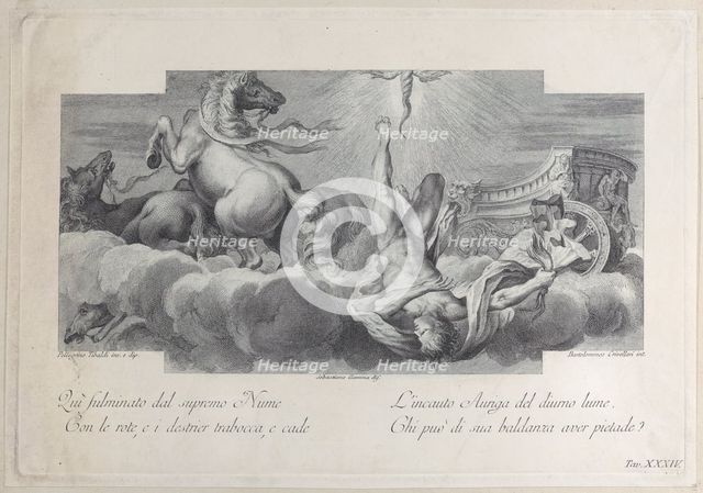 Plate 34: Auriga, the charioteer, falls from the chariot at center, with three horses at l..., 1756. Creators: Bartolomeo Crivellari, Sebastiano Gamma.