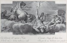 Plate 34: Auriga, the charioteer, falls from the chariot at center, with three horses at l..., 1756. Creators: Bartolomeo Crivellari, Gabriel Söderling