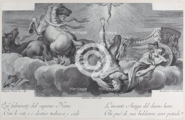 Plate 34: Auriga, the charioteer, falls from the chariot at center, with three horses at l..., 1756. Creators: Bartolomeo Crivellari, Gabriel Söderling.