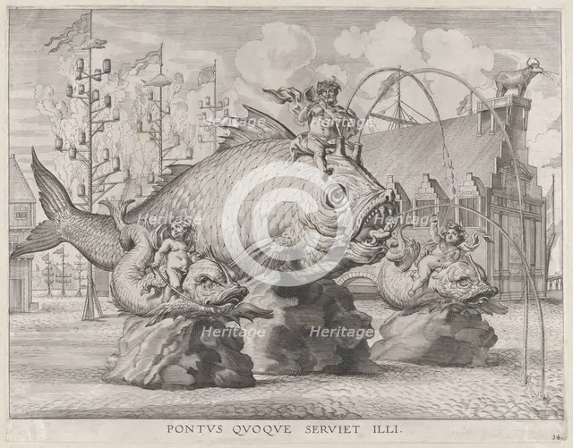 Plate 34: King Ferdinand as Neptune, seated on a whale at center, with putti atop two smal..., 1636. Creators: Jacob Neeffs, Johannes Meursius, Willem van der Beke.