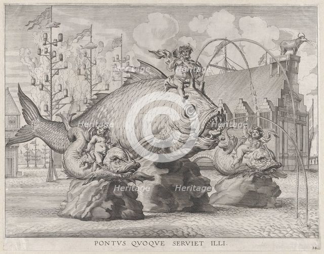 Plate 34: King Ferdinand as Neptune, seated on a whale at center, with putti atop two smal..., 1636. Creators: Jacob Neeffs, Johannes Meursius, Willem van der Beke.