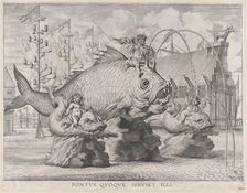 Plate 34: King Ferdinand as Neptune, seated on a whale at center, with putti atop two smal..., 1636. Creators: Jacob Neeffs, Johannes Meursius, Willem van der Beke